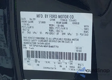 2009 Ford F-150 Fx4/King Ranch/Lariat/Platinum/Xl/Xlt из США, поврежденный, VIN 1FTPW14V49FB48770